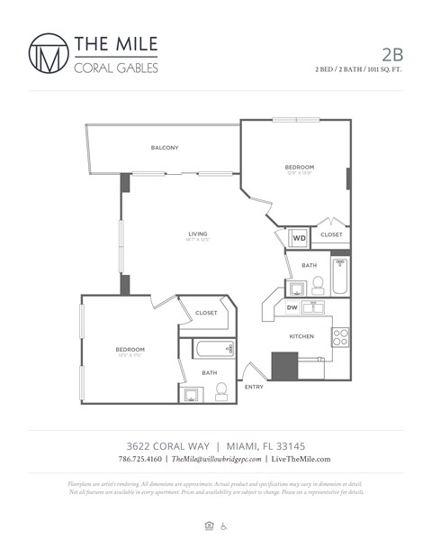 Floor plan for 2 beds, 2 baths, 1011 sqft